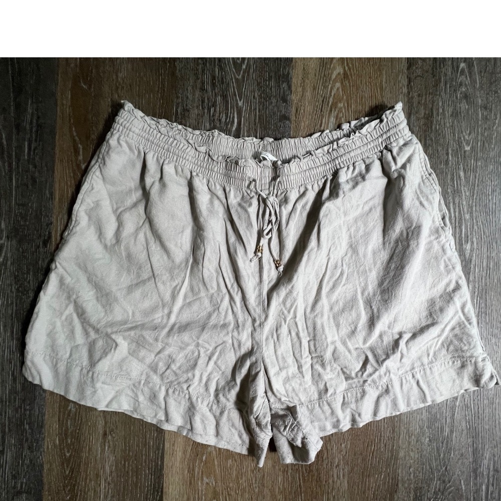 H&M Linen Blend Shorts Womens XL Beige Paperbag Waist Drawstring Casual